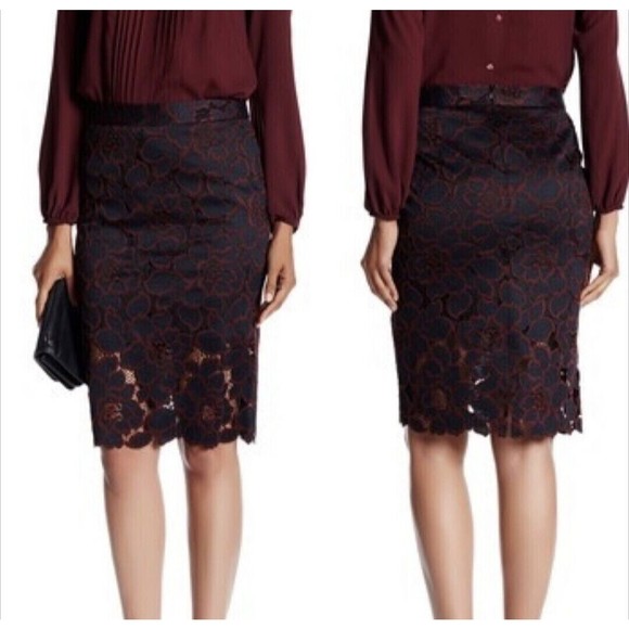 Trina Turk Floral Laced Lined Pencil Skirt Black Cranberry - Picture 2 of 6